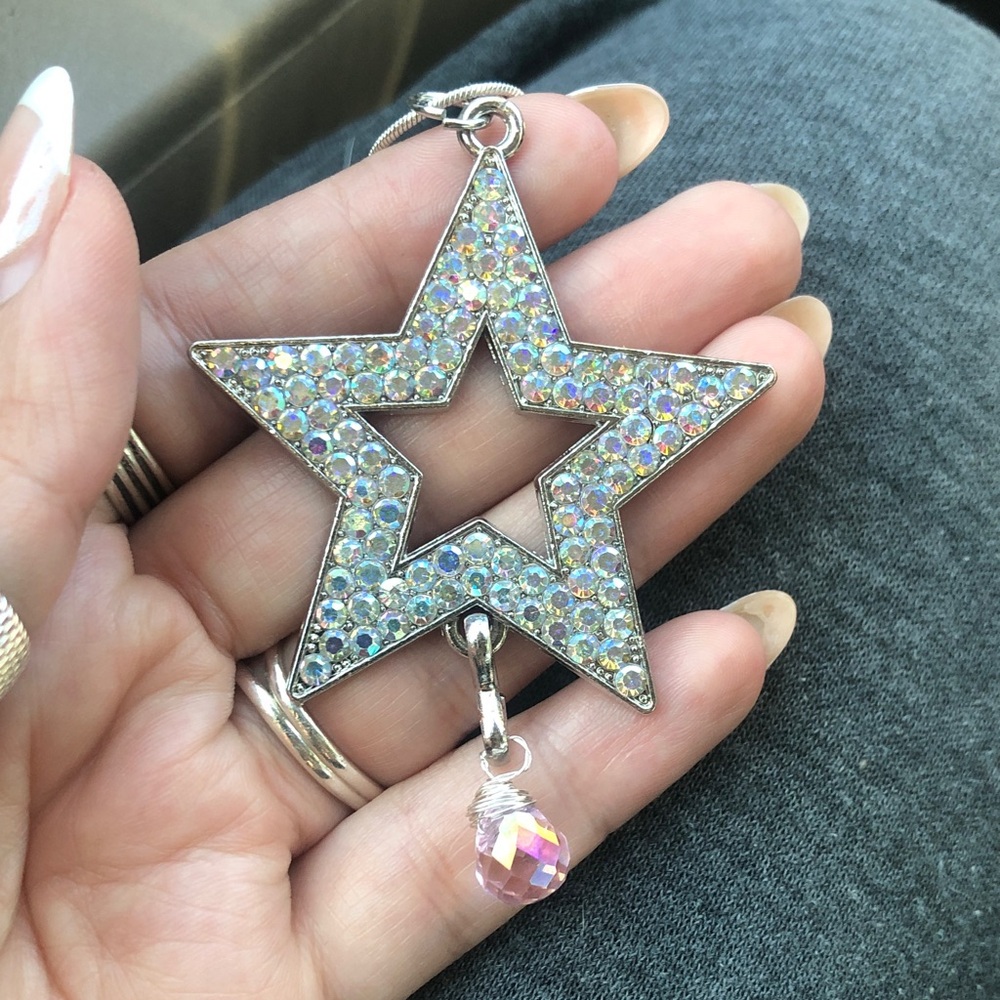RepurposedHM-Silver Star Pendant Necklace with Iridescent Crystals - Pink Accent